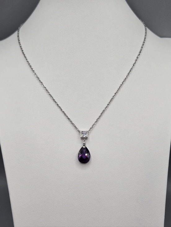 Swarovski Crystal Elements Silver Teardrop Necklace Purple Amethyst 18-20 inch - Picture 4 of 7